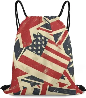 Retro USA And British Flag Drawstring Backpack Durable String Bag Sports Sackpack Cinch Bags for Gym Travel