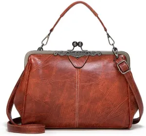 Retro Women Handbags Hollow Oil Wax PU Leather Handbag Kiss Lock Crossbody Purse Vintage Hobo Bags Messenger Bag Tote