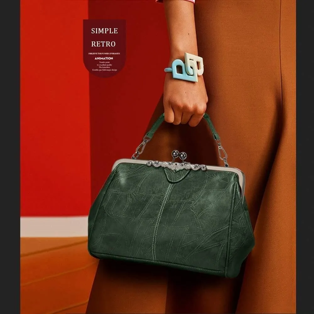 Retro Women Handbags Hollow Oil Wax PU Leather Handbag Kiss Lock Crossbody Purse Vintage Hobo Bags Messenger Bag Tote