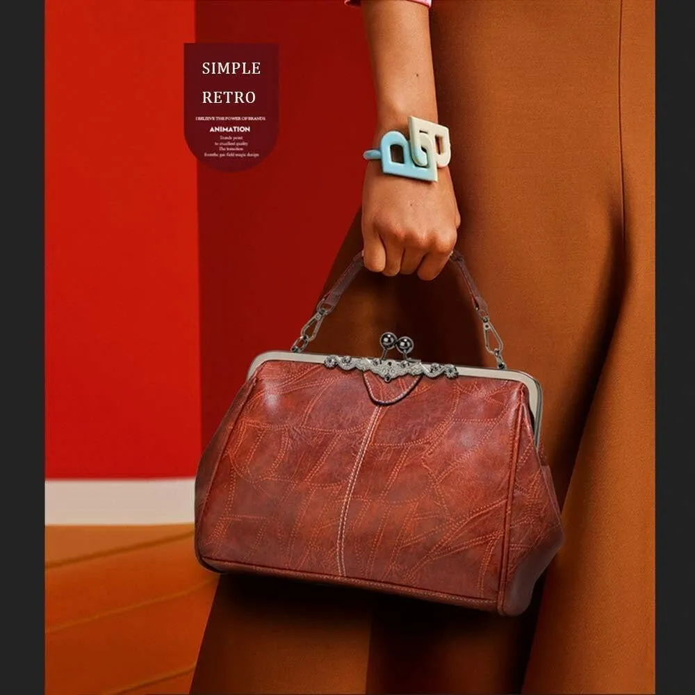 Retro Women Handbags Hollow Oil Wax PU Leather Handbag Kiss Lock Crossbody Purse Vintage Hobo Bags Messenger Bag Tote