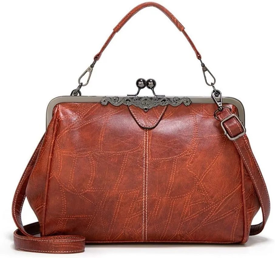 Retro Women Handbags Hollow Oil Wax PU Leather Handbag Kiss Lock Crossbody Purse Vintage Hobo Bags Messenger Bag Tote