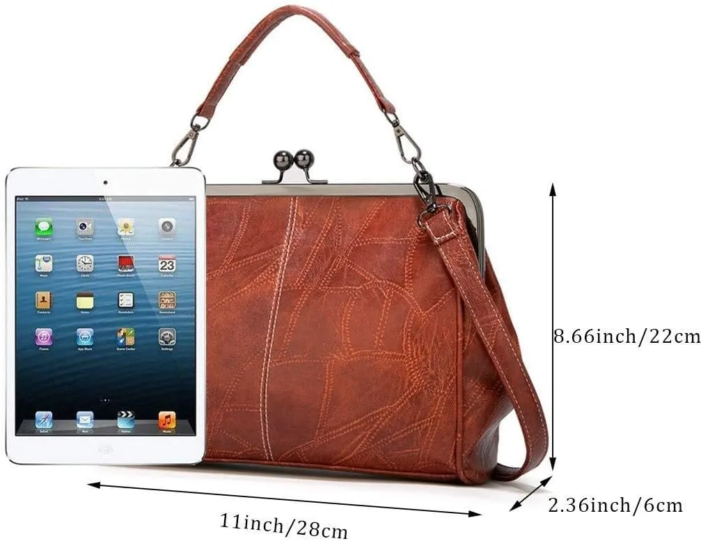 Retro Women Handbags Hollow Oil Wax PU Leather Handbag Kiss Lock Crossbody Purse Vintage Hobo Bags Messenger Bag Tote