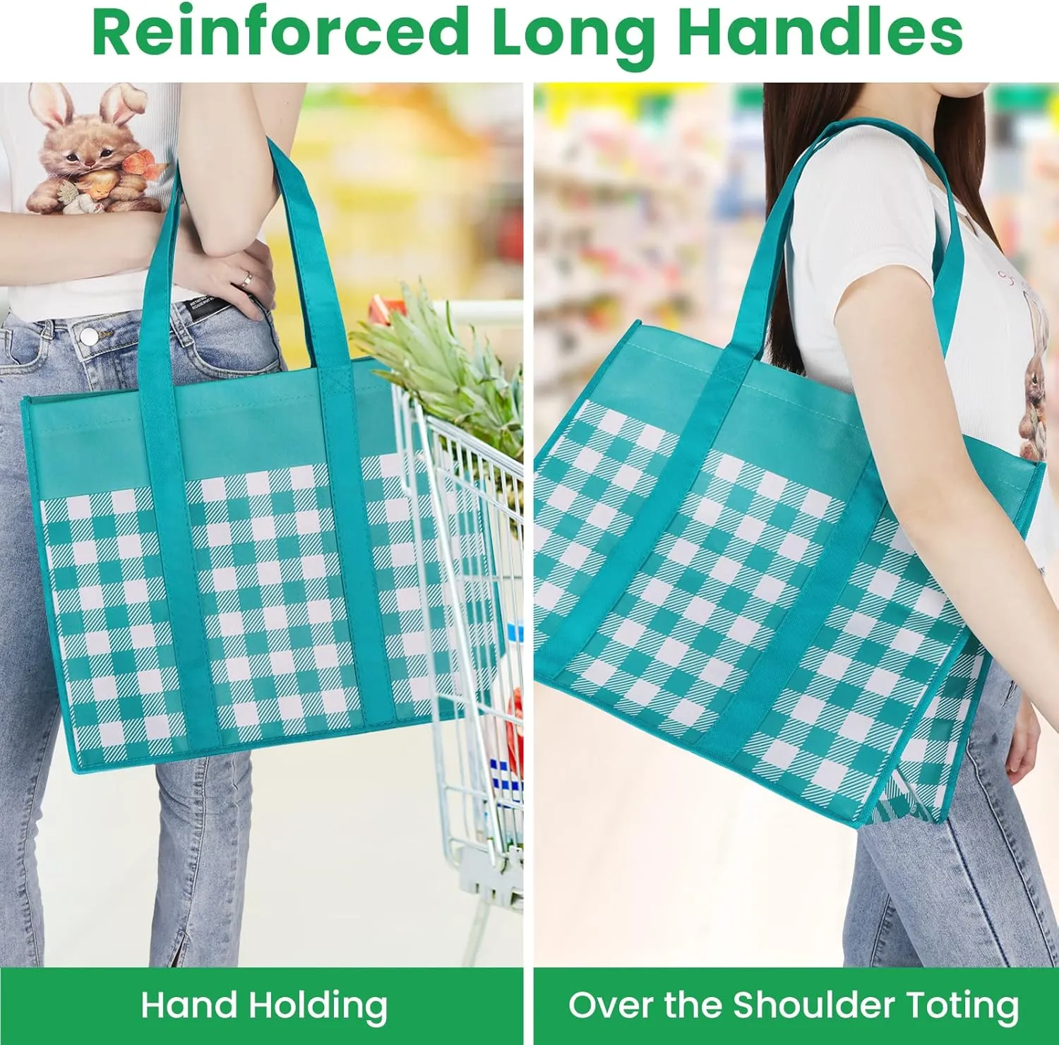 Reusable Grocery Bags 10-Pack, Large Foldable Reusable Shopping Tote Bags Bulk for Groceries, Waterproof Kitchen Cloth Produce Bags with Long Handles, Lightweight-Plaid Style B
