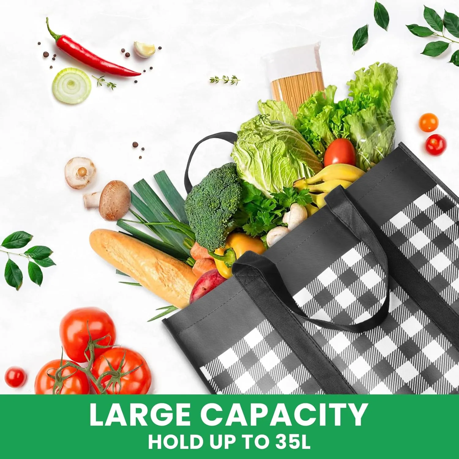 Reusable Grocery Bags 10-Pack, Large Foldable Reusable Shopping Tote Bags Bulk for Groceries, Waterproof Kitchen Cloth Produce Bags with Long Handles, Lightweight-Plaid Style B