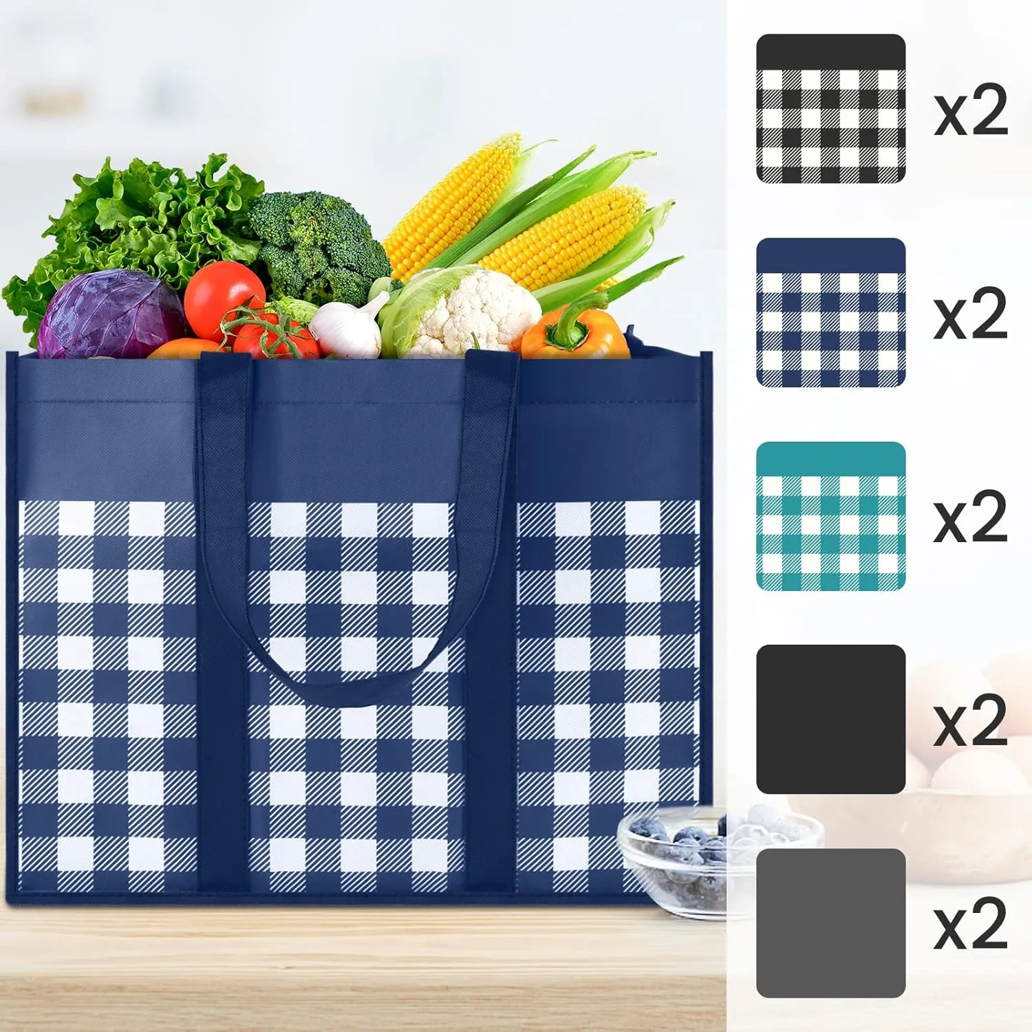 Reusable Grocery Bags 10-Pack, Large Foldable Reusable Shopping Tote Bags Bulk for Groceries, Waterproof Kitchen Cloth Produce Bags with Long Handles, Lightweight-Plaid Style B