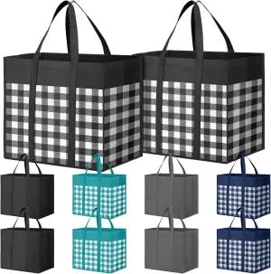 Reusable Grocery Bags 10-Pack, Large Foldable Reusable Shopping Tote Bags Bulk for Groceries, Waterproof Kitchen Cloth Produce Bags with Long Handles, Lightweight-Plaid Style B