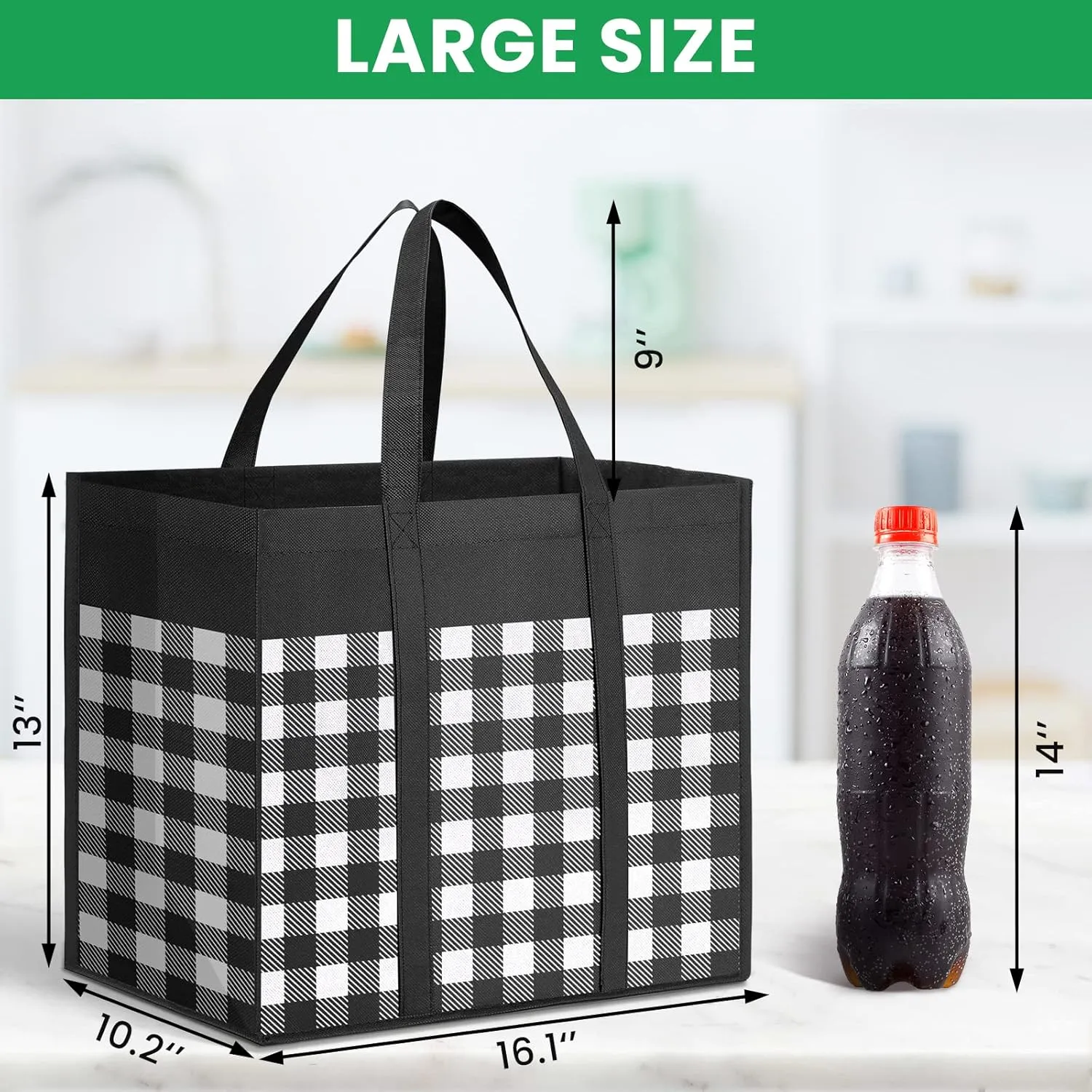 Reusable Grocery Bags 10-Pack, Large Foldable Reusable Shopping Tote Bags Bulk for Groceries, Waterproof Kitchen Cloth Produce Bags with Long Handles, Lightweight-Plaid Style B