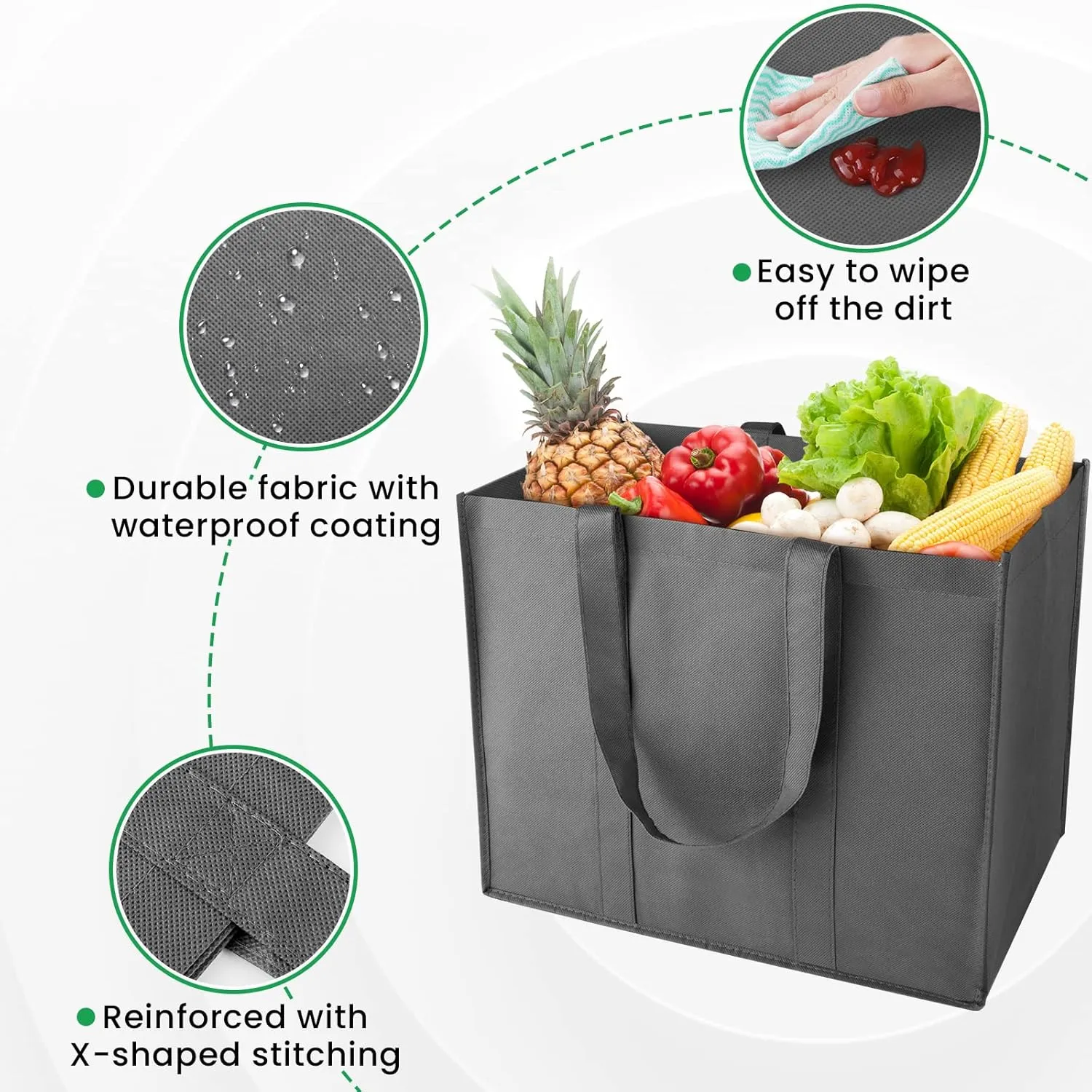Reusable Grocery Bags 10-Pack, Large Foldable Reusable Shopping Tote Bags Bulk for Groceries, Waterproof Kitchen Cloth Produce Bags with Long Handles, Lightweight-Plaid Style B
