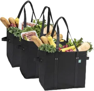 Reusable Grocery Shopping Bags, Foldable and Collapsible, Set of 3 - Large Tote Bags with Reinforced Bottom and Handles - Eco-Friendly Shop Bag Sets for Carrying Groceries, Errands, Traveling
