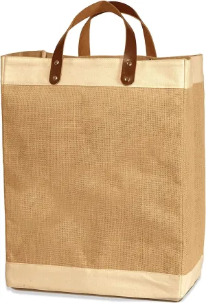 Reusable Jute French Market Tote Burlap Grocery Bags with Faux Leather Strap Handles, Interior Pocket, and Water Resistant Inner Lining Jute Shopping Bag