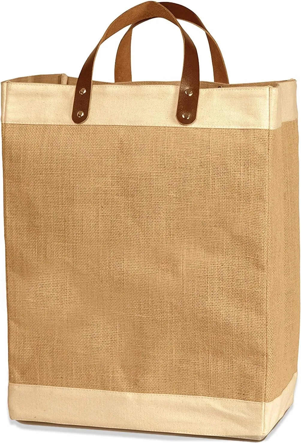 Reusable Jute French Market Tote Burlap Grocery Bags with Faux Leather Strap Handles, Interior Pocket, and Water Resistant Inner Lining Jute Shopping Bag