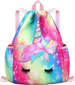 RHCPFOVR Drawstring Backpack for Kids - Unicorn Bags for Girls Mini Gym Dance Beach Swim Travel Bag With Two Water Bottle Holder