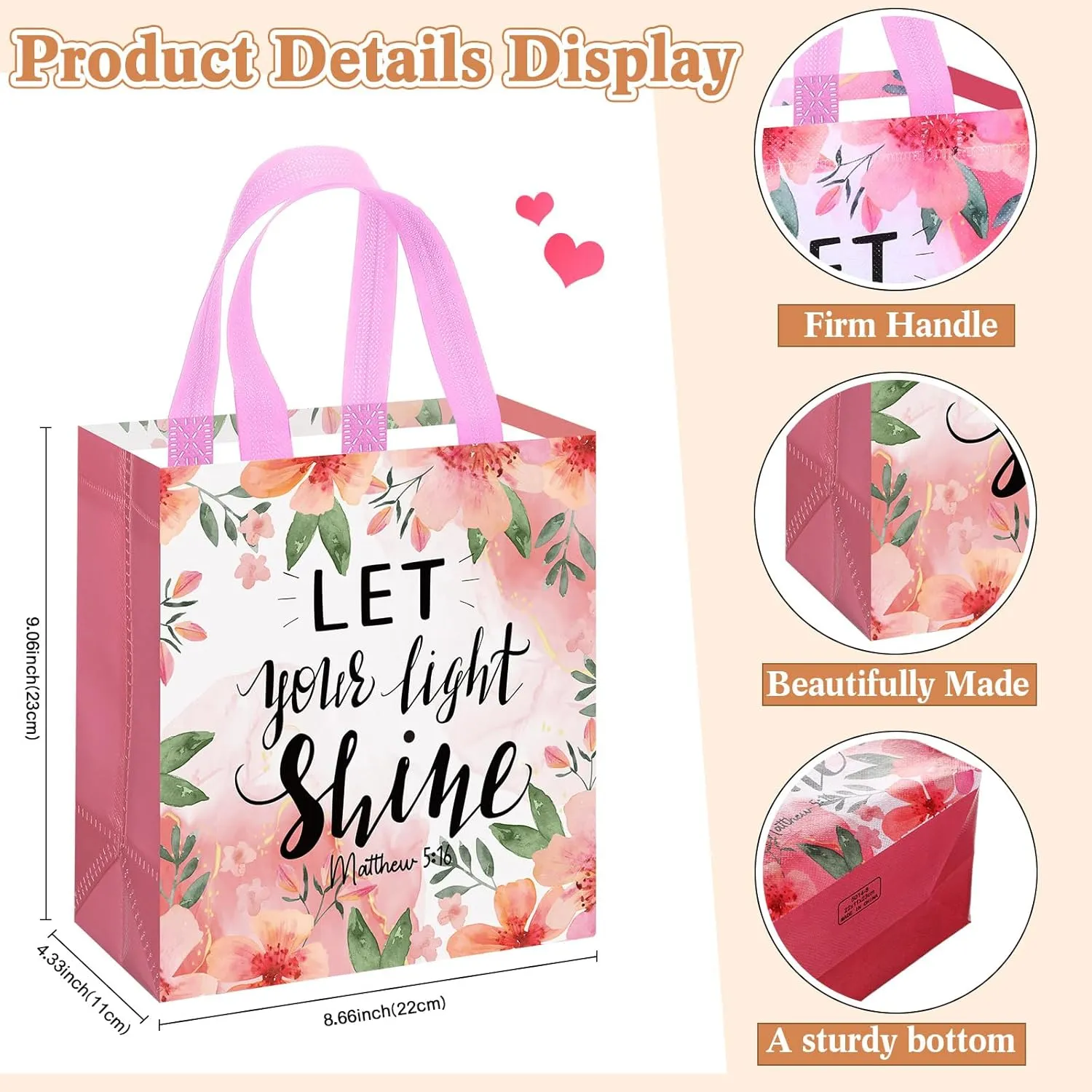 Riakrum 16 Pcs Christian Gift Bag with Handle, Bible Verse Gift Bags Bulk, Non Woven Reusable Flower Religious Baptism Tote for Mother Day teachers Wedding Birthday Present Wrapping