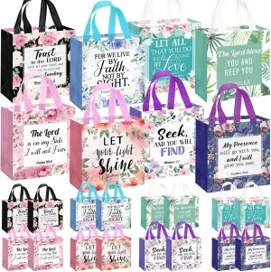 Riakrum 16 Pcs Christian Gift Bag with Handle, Bible Verse Gift Bags Bulk, Non Woven Reusable Flower Religious Baptism Tote for Mother Day teachers Wedding Birthday Present Wrapping