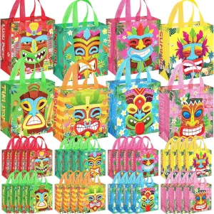 Riakrum 32 Pcs Hawaiian Luau Gift Bags Large, Reusable Non Woven Tiki goodie candy treat Bags with Handles Bulk, Summer Aloha Tropical Themed Party Favor Tote for Party Supplies