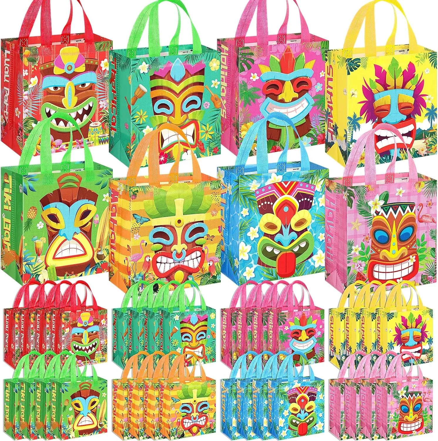 Riakrum 32 Pcs Hawaiian Luau Gift Bags Large, Reusable Non Woven Tiki goodie candy treat Bags with Handles Bulk, Summer Aloha Tropical Themed Party Favor Tote for Party Supplies