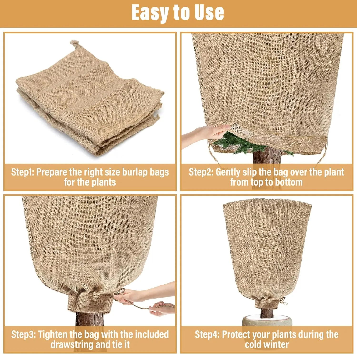 Riare 2 Packs 45 × 70 Inch Burlap Winter Plant Cover Bags with Drawstring- Reusable Large Burlap Sack Plant Frost Protector, Plant Frost Cloth Cold Tree Freeze Blanket for Outdoor Plants Fruit Shrubs