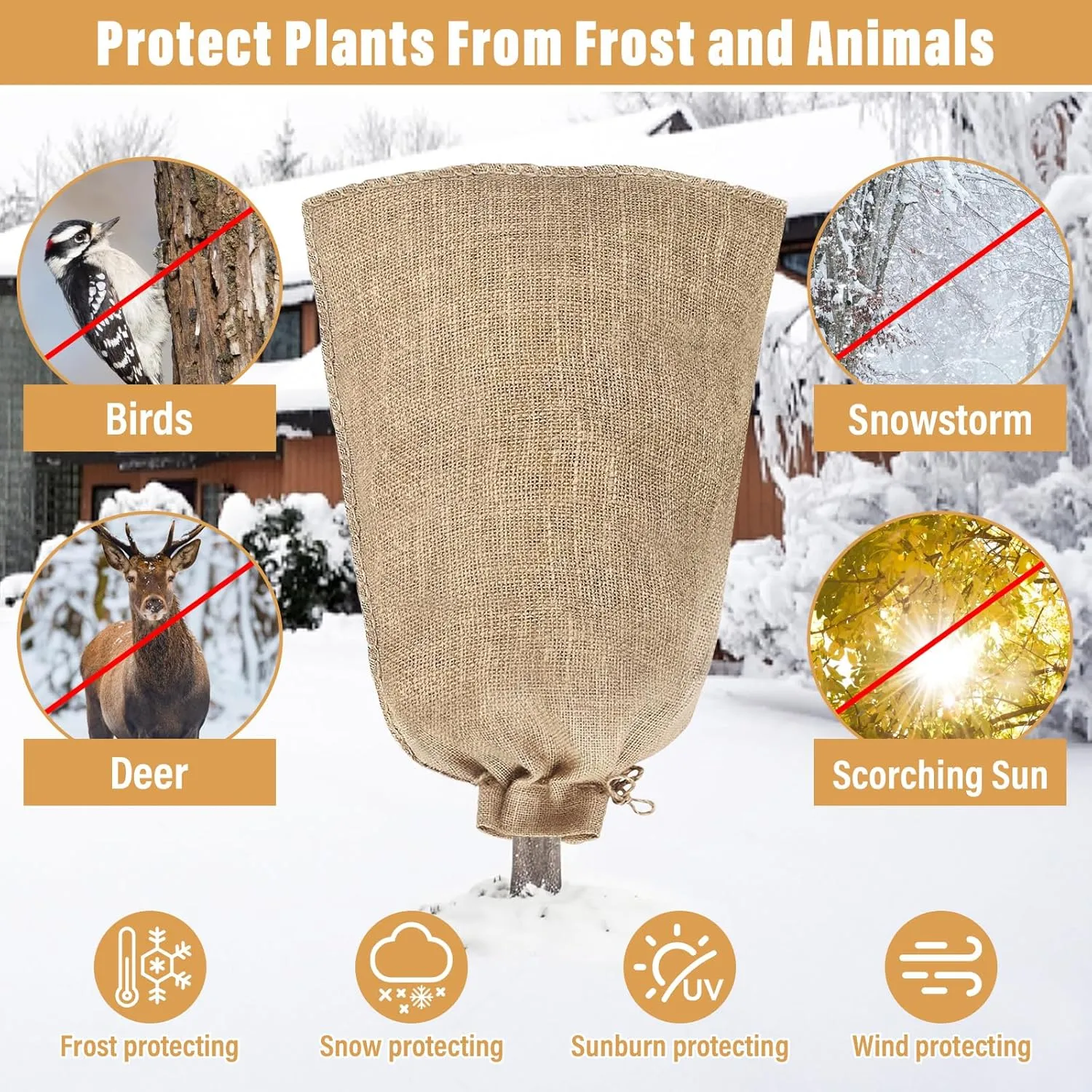 Riare 2 Packs 45 × 70 Inch Burlap Winter Plant Cover Bags with Drawstring- Reusable Large Burlap Sack Plant Frost Protector, Plant Frost Cloth Cold Tree Freeze Blanket for Outdoor Plants Fruit Shrubs