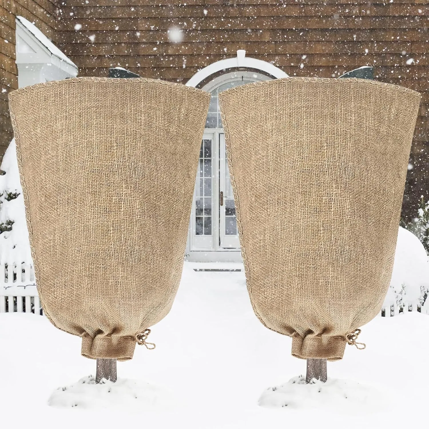 Riare 2 Packs 45 × 70 Inch Burlap Winter Plant Cover Bags with Drawstring- Reusable Large Burlap Sack Plant Frost Protector, Plant Frost Cloth Cold Tree Freeze Blanket for Outdoor Plants Fruit Shrubs