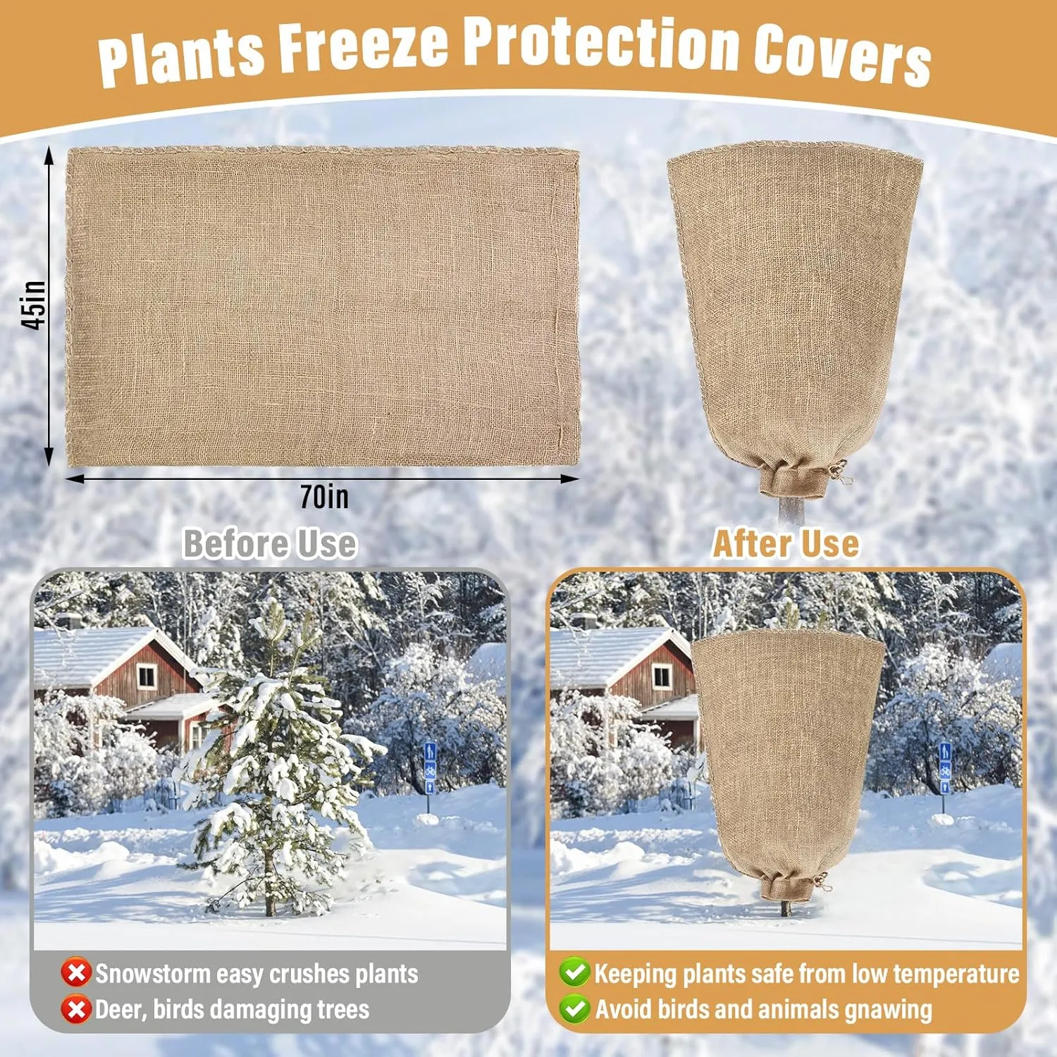 Riare 2 Packs 45 × 70 Inch Burlap Winter Plant Cover Bags with Drawstring- Reusable Large Burlap Sack Plant Frost Protector, Plant Frost Cloth Cold Tree Freeze Blanket for Outdoor Plants Fruit Shrubs