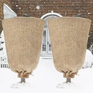 Riare 2 Packs 45 × 70 Inch Burlap Winter Plant Cover Bags with Drawstring- Reusable Large Burlap Sack Plant Frost Protector, Plant Frost Cloth Cold Tree Freeze Blanket for Outdoor Plants Fruit Shrubs