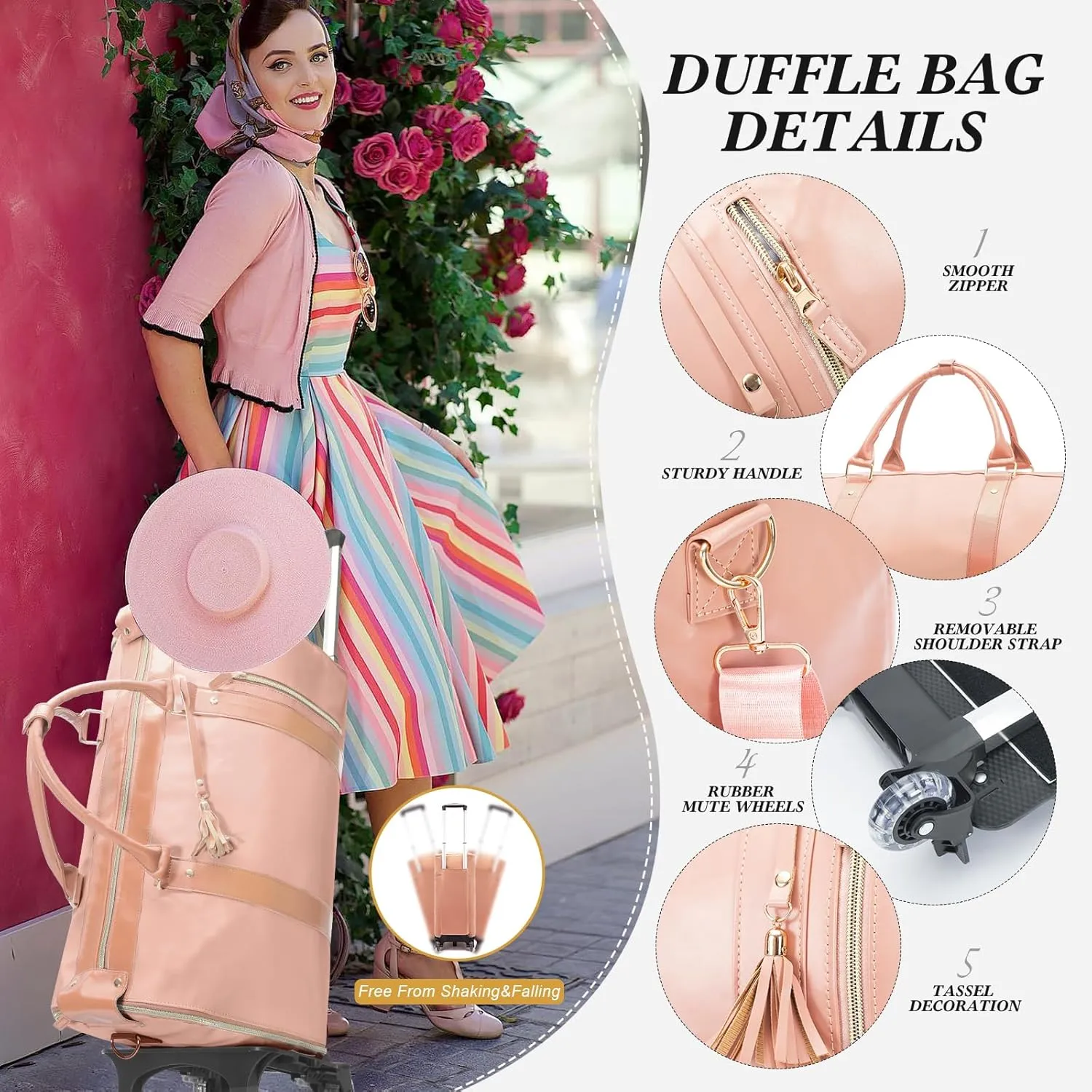 Rolling Garment Bag for Travel,Large Convertible Garment Duffel Bag Rolling Duffle Bag with Wheels,Carry on Garment Bags Weekender Travle Jenni Bags for Women Men(Pink)