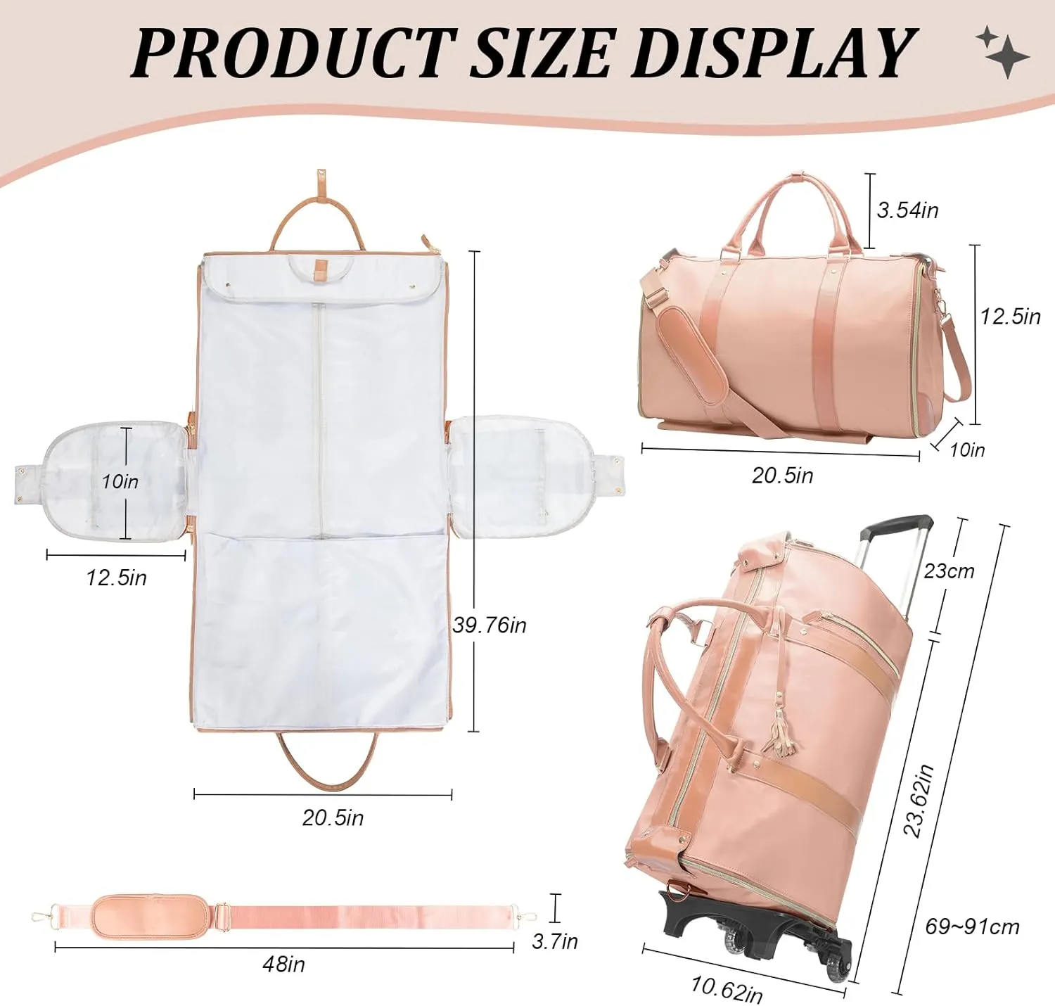 Rolling Garment Bag for Travel,Large Convertible Garment Duffel Bag Rolling Duffle Bag with Wheels,Carry on Garment Bags Weekender Travle Jenni Bags for Women Men(Pink)