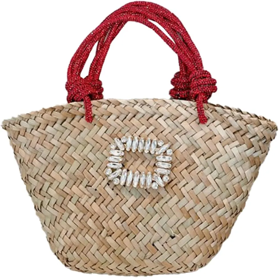 RomanticDesign Women Straw Beach Bag Woven Tote Bag Small Summer Handbag with Rhinestone Handle