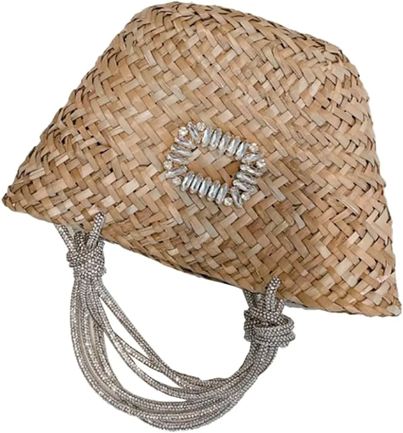RomanticDesign Women Straw Beach Bag Woven Tote Bag Small Summer Handbag with Rhinestone Handle