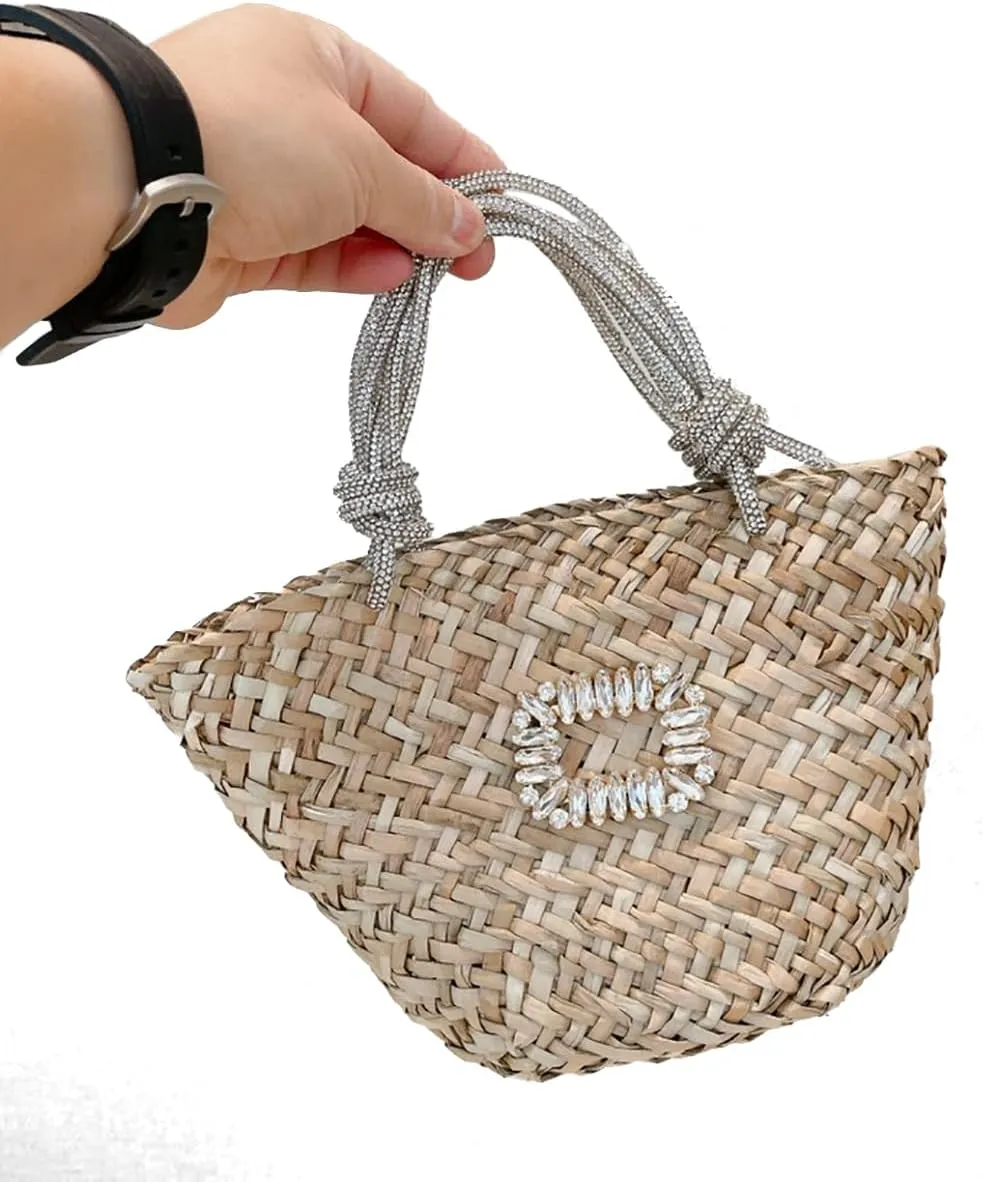 RomanticDesign Women Straw Beach Bag Woven Tote Bag Small Summer Handbag with Rhinestone Handle