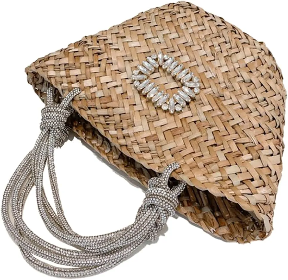RomanticDesign Women Straw Beach Bag Woven Tote Bag Small Summer Handbag with Rhinestone Handle