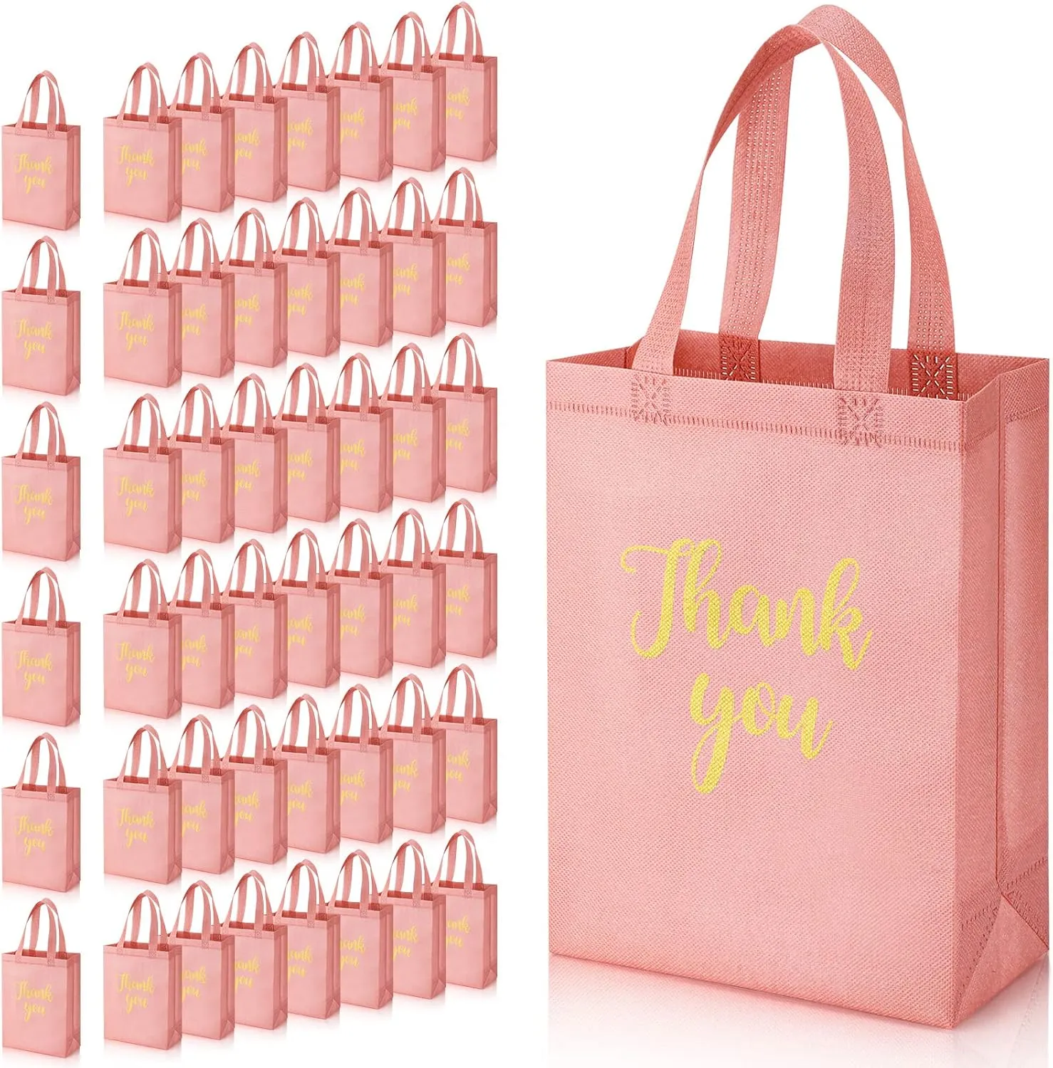 Roowest 50 Pcs Thank You Gift Bags with Handles Bulk Reusable Non Woven Foldable Bag for Graduation Wedding, 10 x 8 x 4 Inch