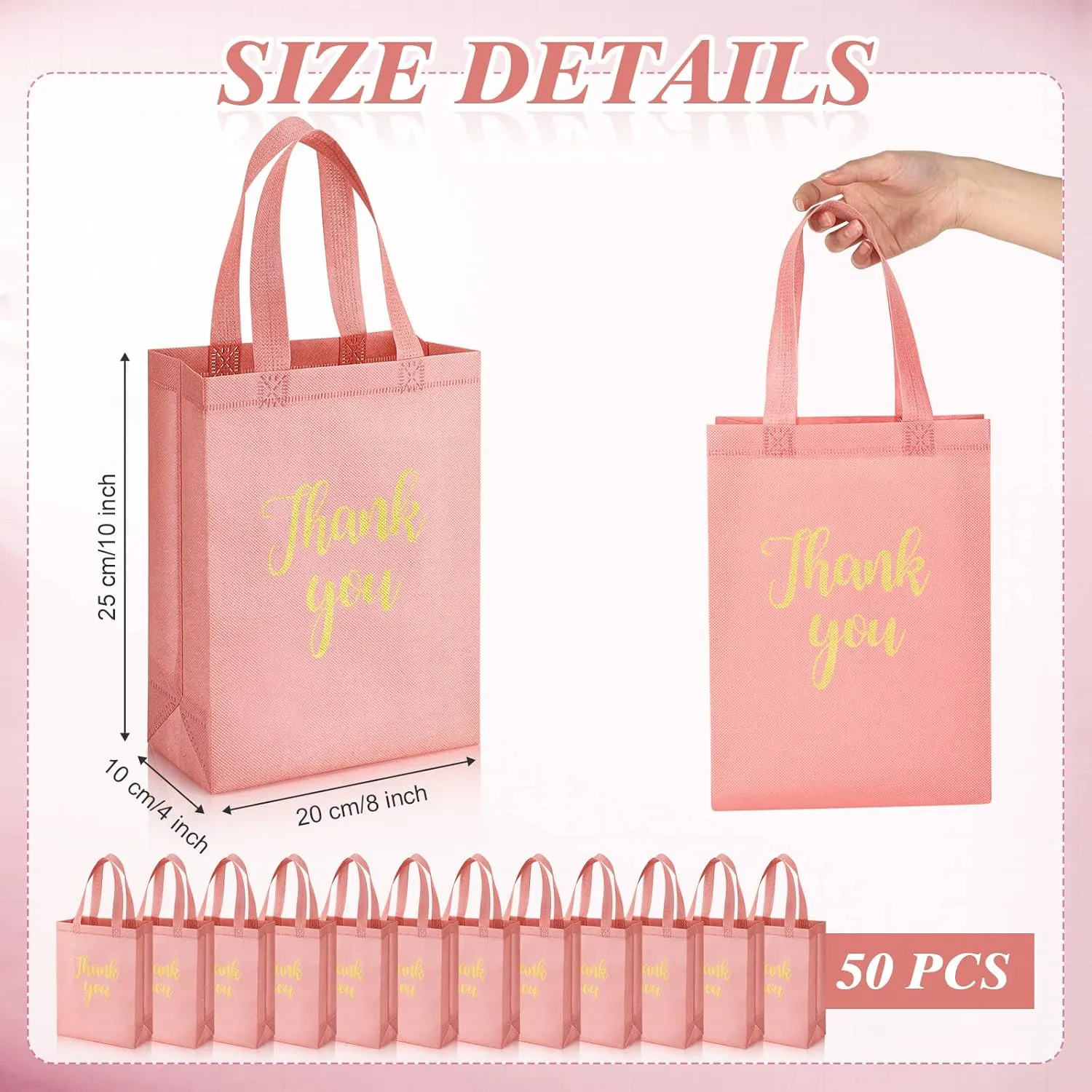 Roowest 50 Pcs Thank You Gift Bags with Handles Bulk Reusable Non Woven Foldable Bag for Graduation Wedding, 10 x 8 x 4 Inch