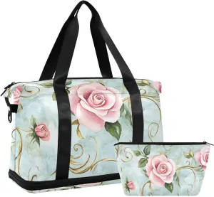 Roses Golden Leaves Pastel Retro Travel Duffel Bags Shoulder Weekender Overnight Bag with Toiletry Bag for Hiking Foldable