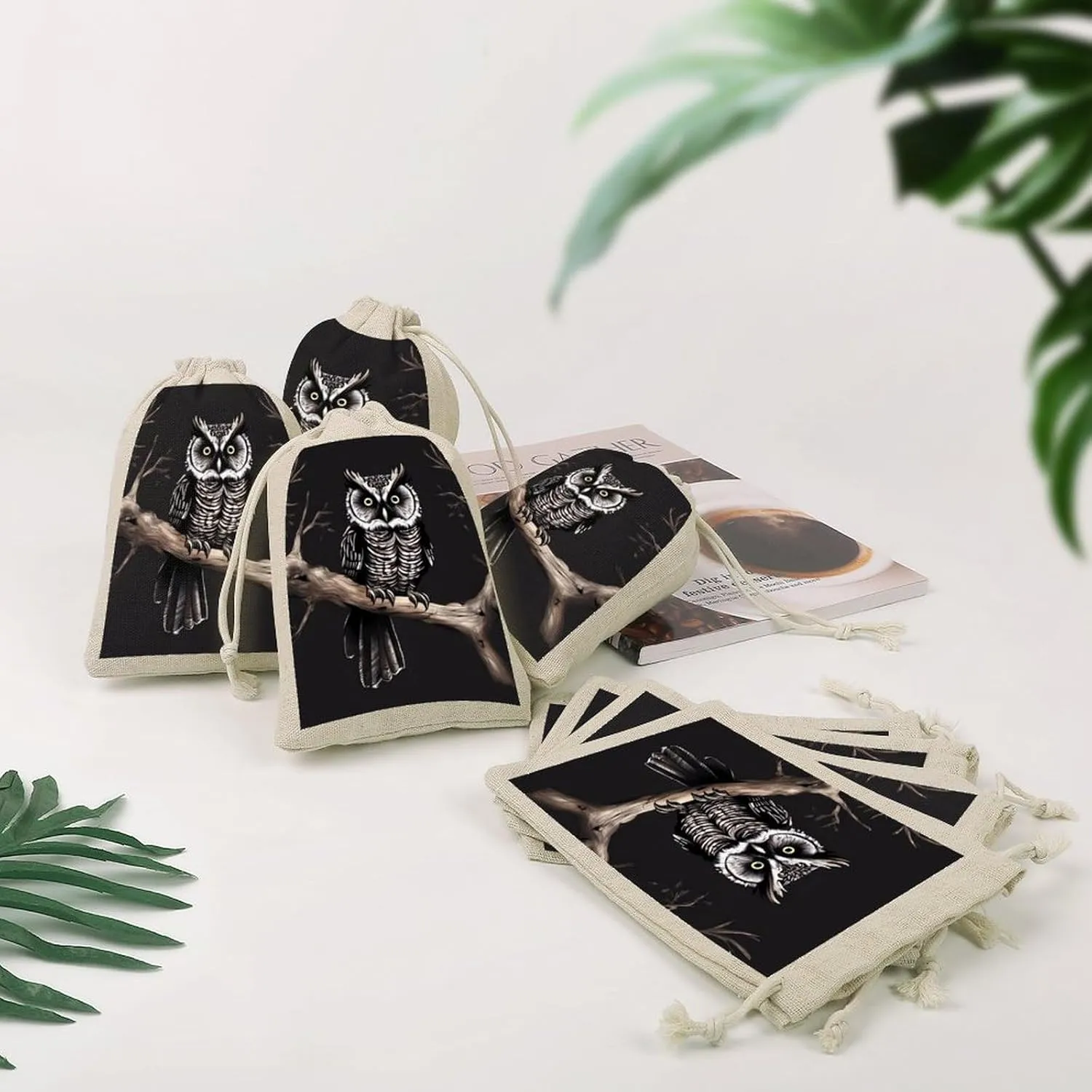 RTFGHJS 8 Pieces Drawstring Bags Late Night Owl Burlap Pouch Bag Linen Gift Pocket Jewelry Pouch for DIY Craft Party
