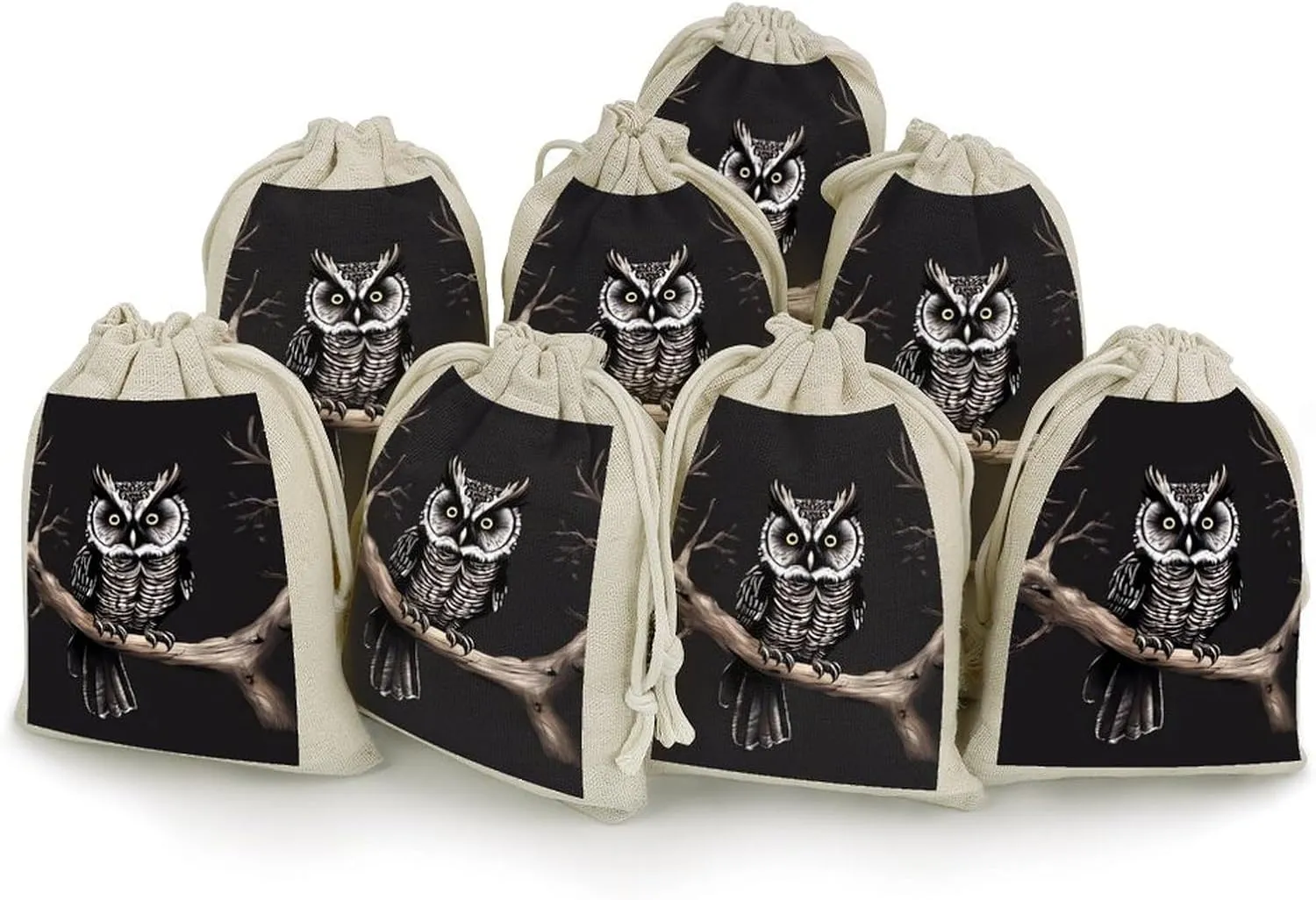 RTFGHJS 8 Pieces Drawstring Bags Late Night Owl Burlap Pouch Bag Linen Gift Pocket Jewelry Pouch for DIY Craft Party