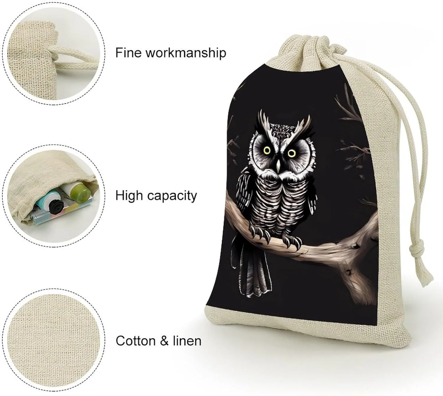 RTFGHJS 8 Pieces Drawstring Bags Late Night Owl Burlap Pouch Bag Linen Gift Pocket Jewelry Pouch for DIY Craft Party