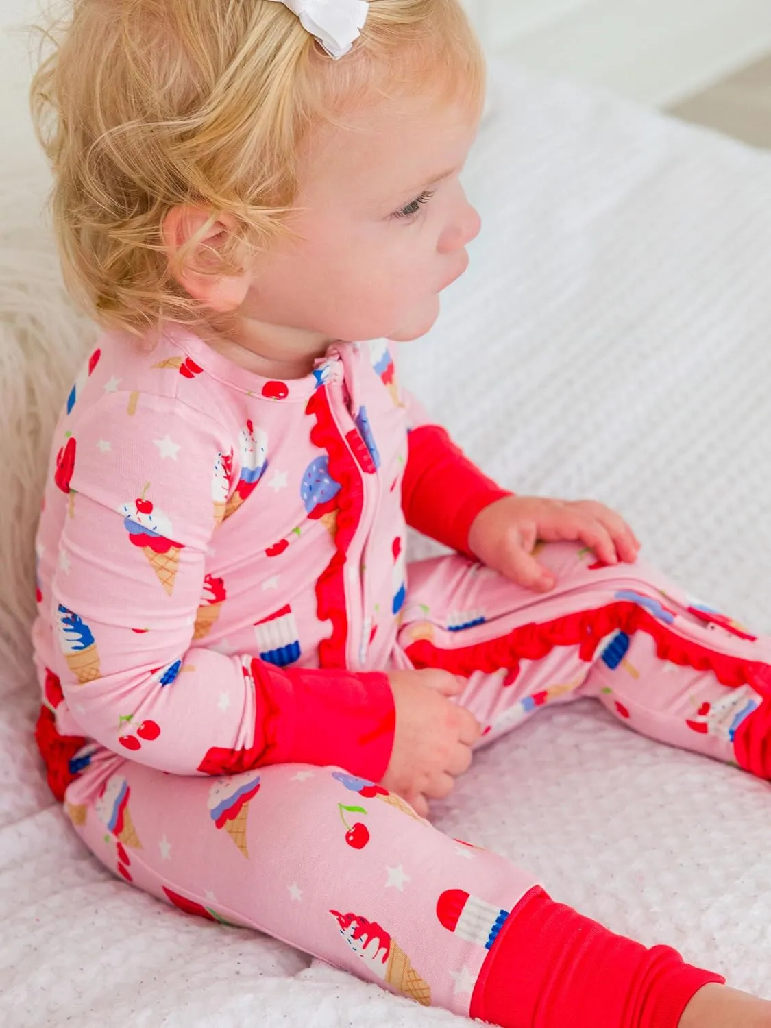 RuffleButts SoftSnooze™ Viscose from Bamboo Baby Girls Ruffle One Piece Convertible Pajamas