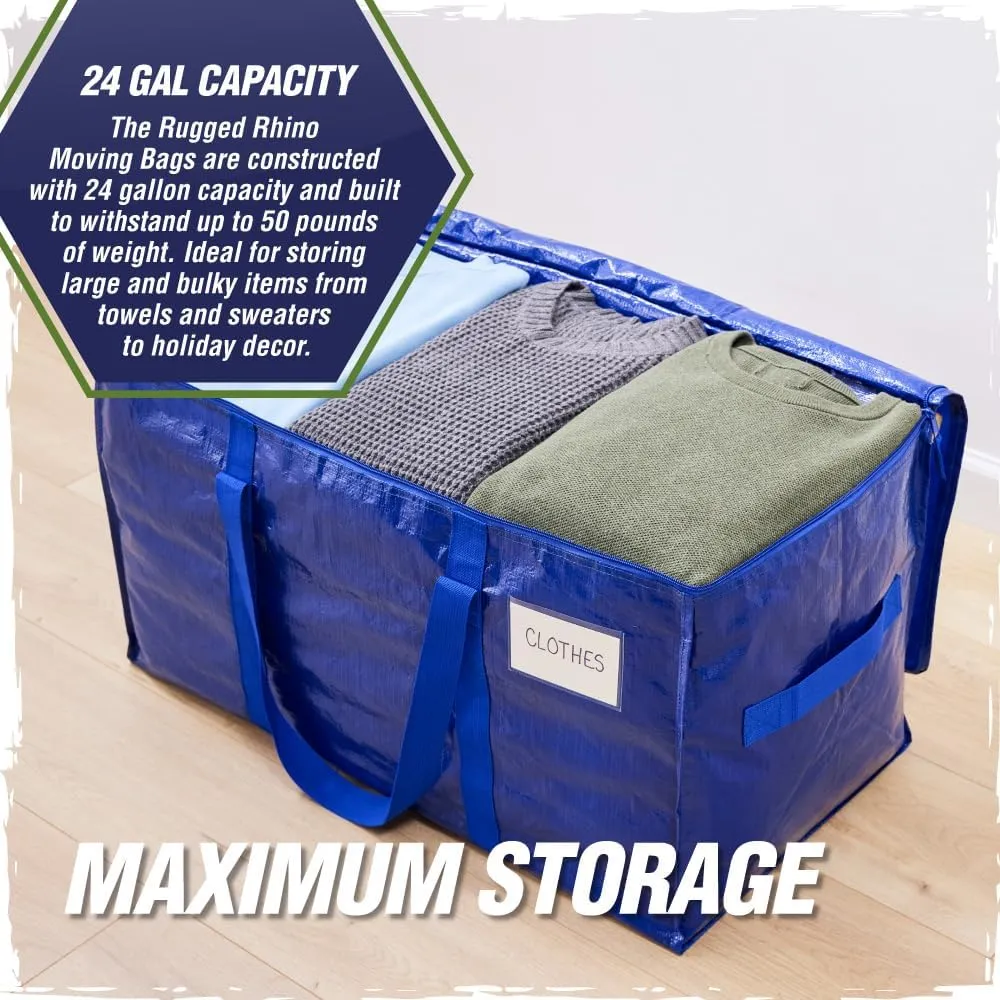 RUGGED RHINO Heavy Duty Extra Large Moving Bags, 50lb Capacity Tote, Durable Water and Puncture Resistant Winter Clothes Storage Totes for Moving, Strong Carry Handles and Zippers, 2 Pack Blue