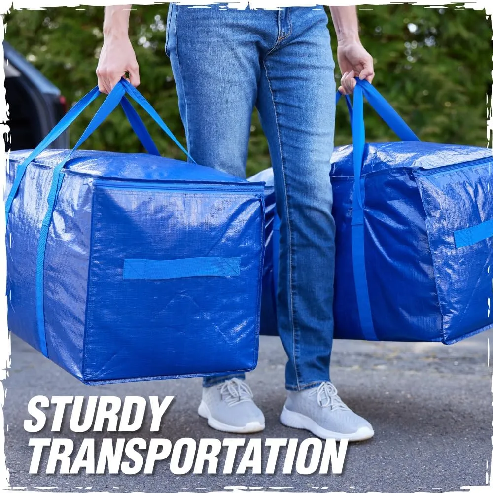 RUGGED RHINO Heavy Duty Extra Large Moving Bags, 50lb Capacity Tote, Durable Water and Puncture Resistant Winter Clothes Storage Totes for Moving, Strong Carry Handles and Zippers, 2 Pack Blue