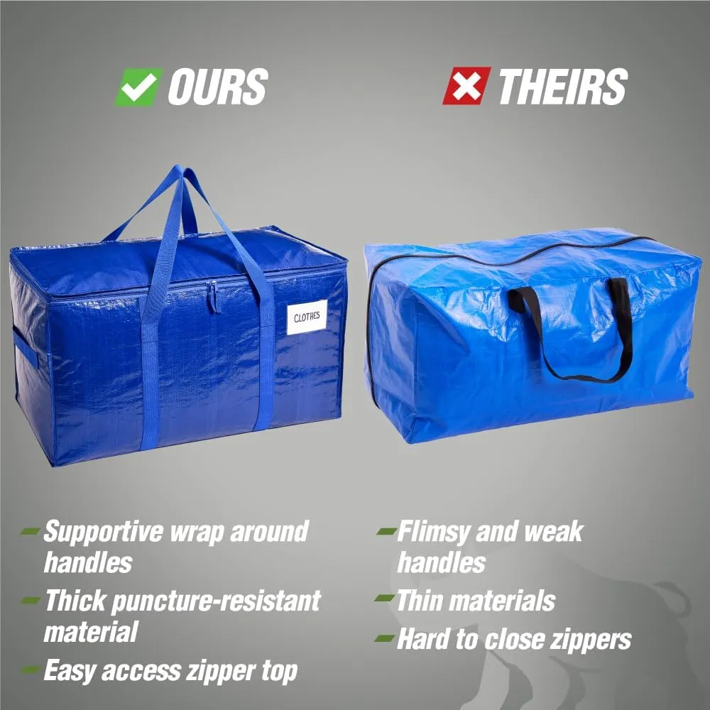 RUGGED RHINO Heavy Duty Extra Large Moving Bags, 50lb Capacity Tote, Durable Water and Puncture Resistant Winter Clothes Storage Totes for Moving, Strong Carry Handles and Zippers, 2 Pack Blue