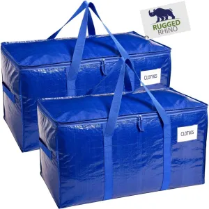 RUGGED RHINO Heavy Duty Extra Large Moving Bags, 50lb Capacity Tote, Durable Water and Puncture Resistant Winter Clothes Storage Totes for Moving, Strong Carry Handles and Zippers, 2 Pack Blue