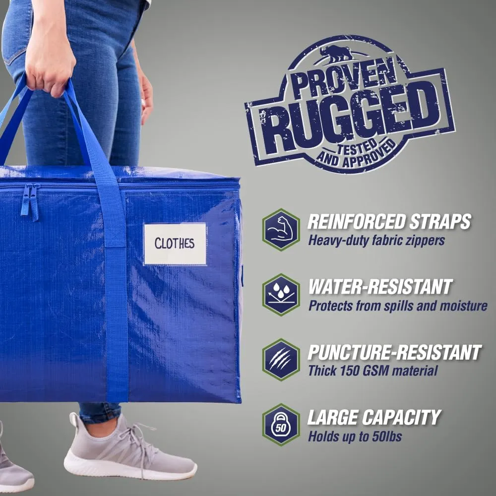 RUGGED RHINO Heavy Duty Extra Large Moving Bags, 50lb Capacity Tote, Durable Water and Puncture Resistant Winter Clothes Storage Totes for Moving, Strong Carry Handles and Zippers, 2 Pack Blue
