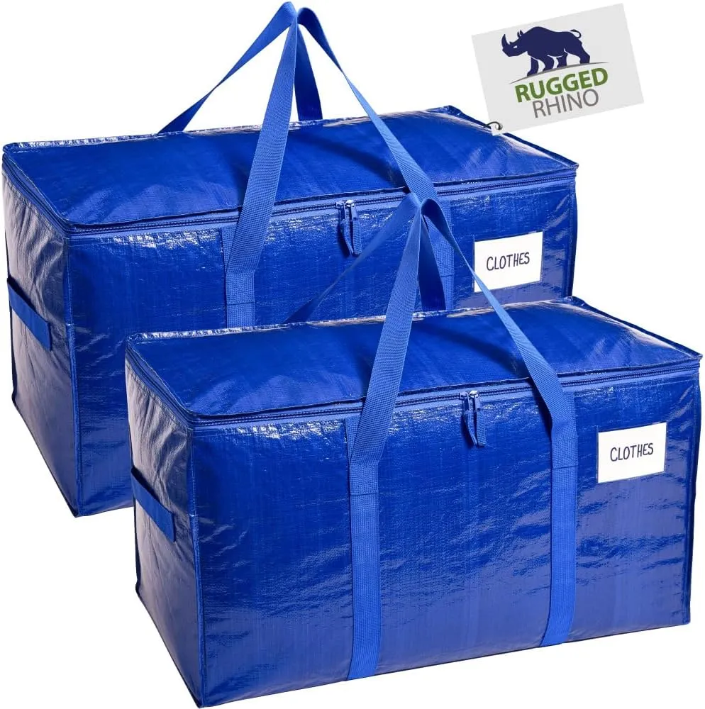 RUGGED RHINO Heavy Duty Extra Large Moving Bags, 50lb Capacity Tote, Durable Water and Puncture Resistant Winter Clothes Storage Totes for Moving, Strong Carry Handles and Zippers, 2 Pack Blue