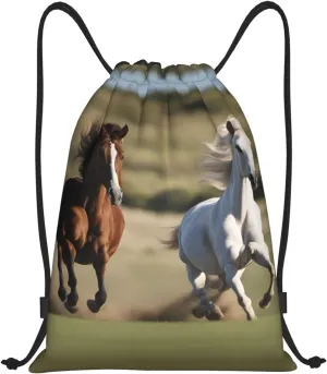 Running Horses print Drawstring Backpack Bags Sack Cinch Tote Sport Storage Polyester Bag for Gym Traveling