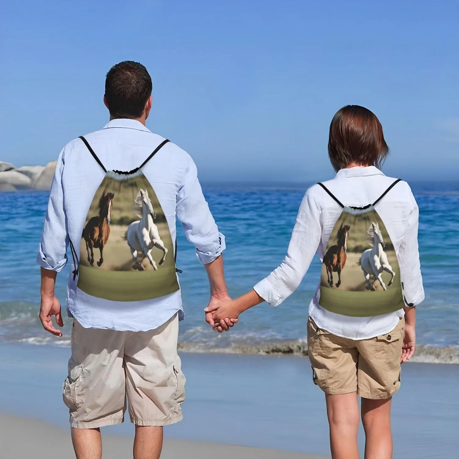 Running Horses print Drawstring Backpack Bags Sack Cinch Tote Sport Storage Polyester Bag for Gym Traveling
