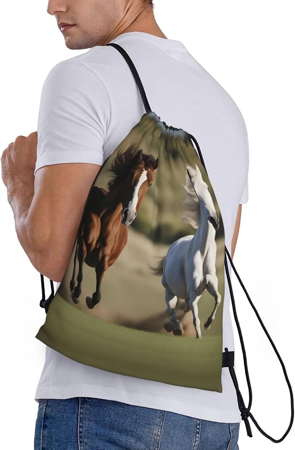 Running Horses print Drawstring Backpack Bags Sack Cinch Tote Sport Storage Polyester Bag for Gym Traveling