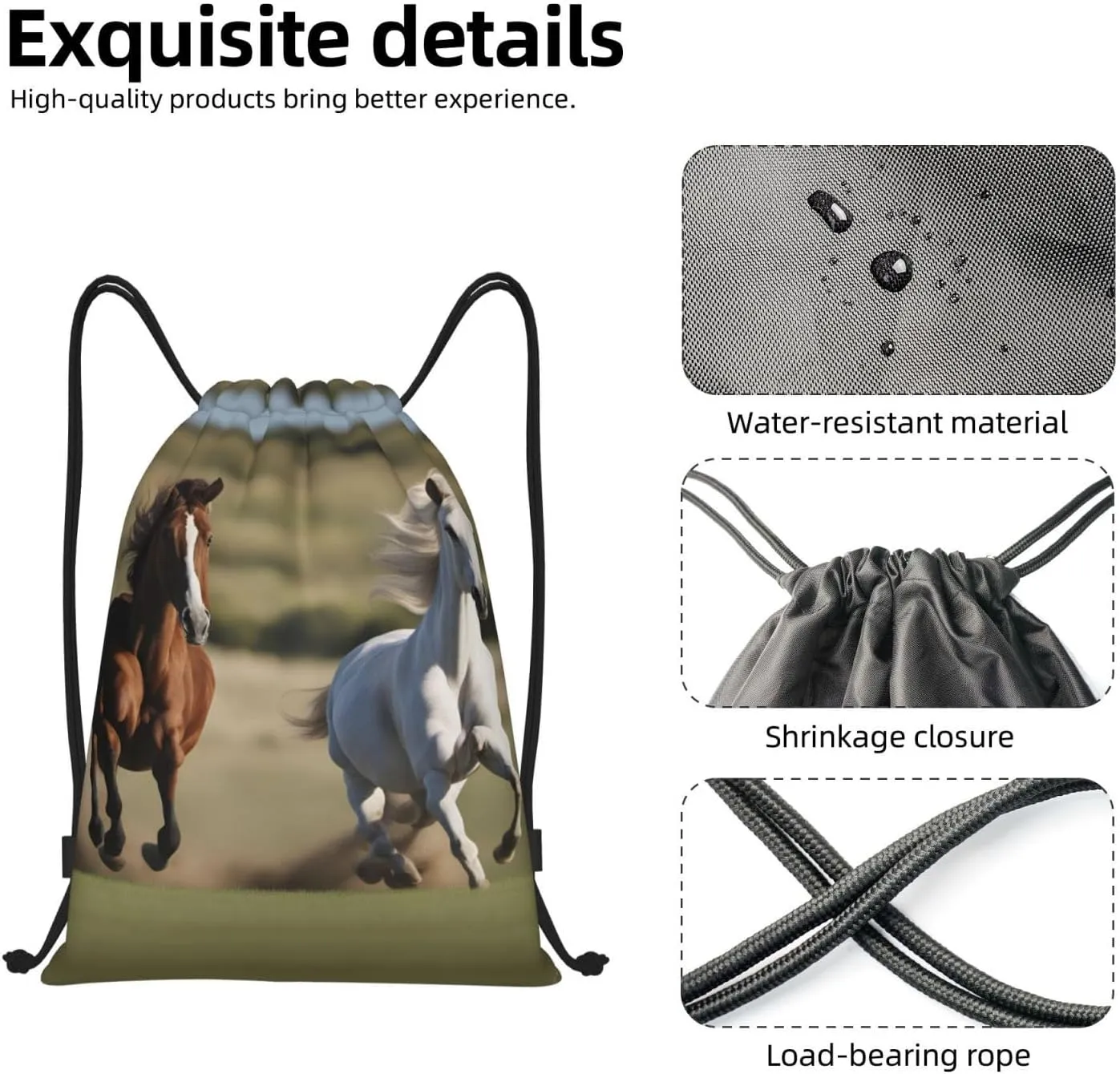 Running Horses print Drawstring Backpack Bags Sack Cinch Tote Sport Storage Polyester Bag for Gym Traveling