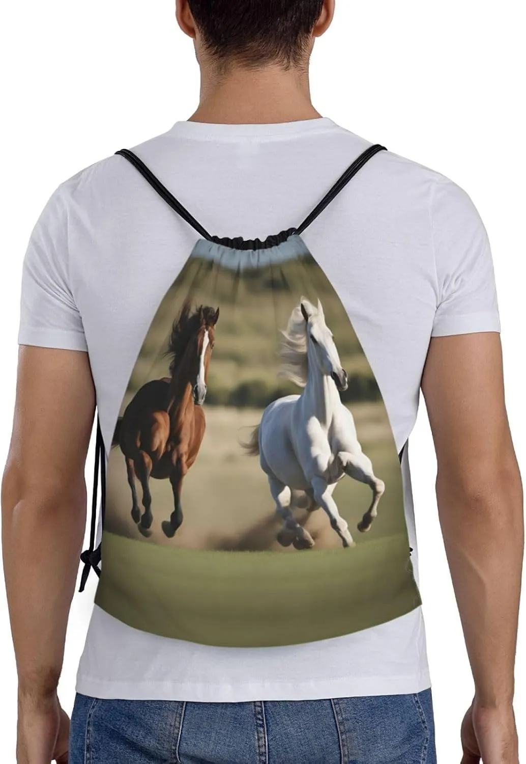 Running Horses print Drawstring Backpack Bags Sack Cinch Tote Sport Storage Polyester Bag for Gym Traveling