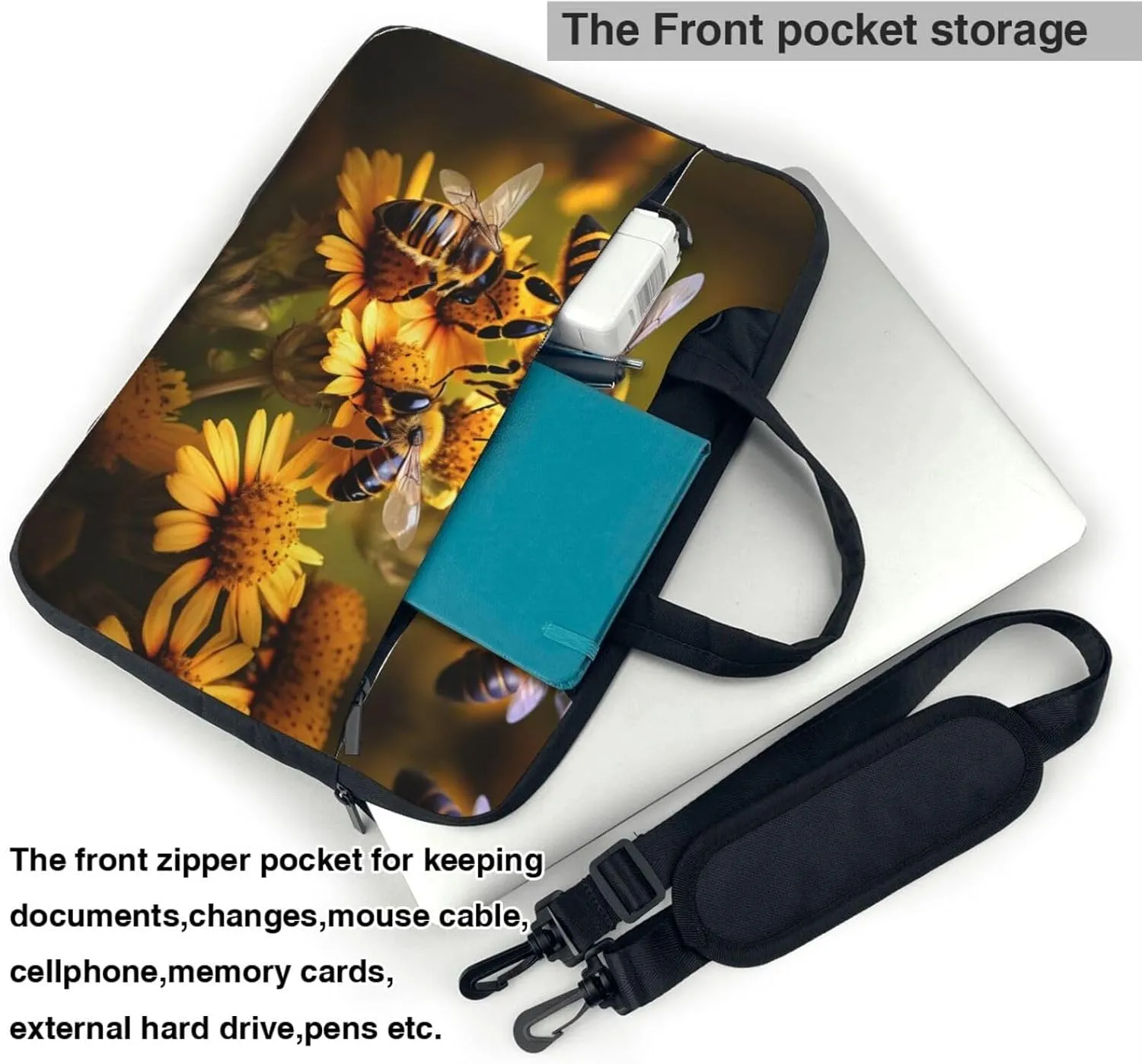Rural Honey Bees flowers Print Laptop Bag Messenger Bag Case Men Women Water-Resistant with Handle Shoulder Strap